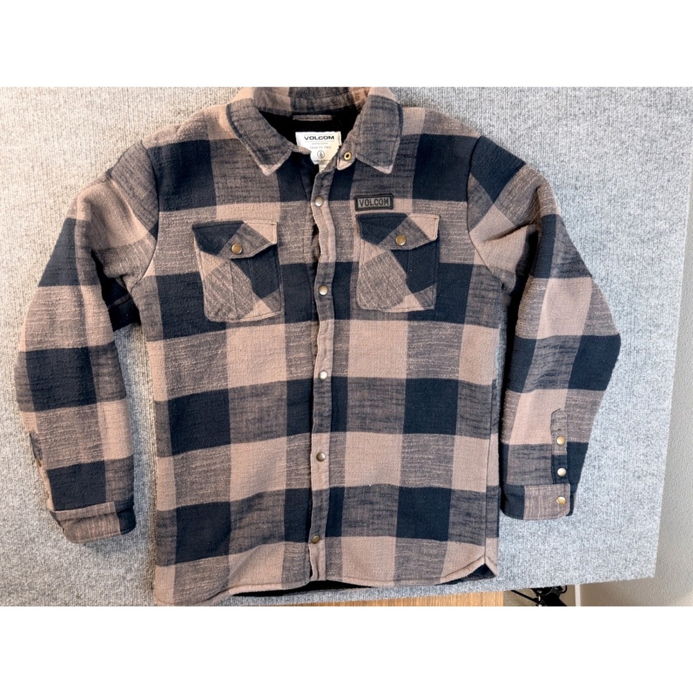 Volcom Pat Moore Flannel Jacket Mens XL Blue Tan Plaid Sherpa Lined DWR Shacket